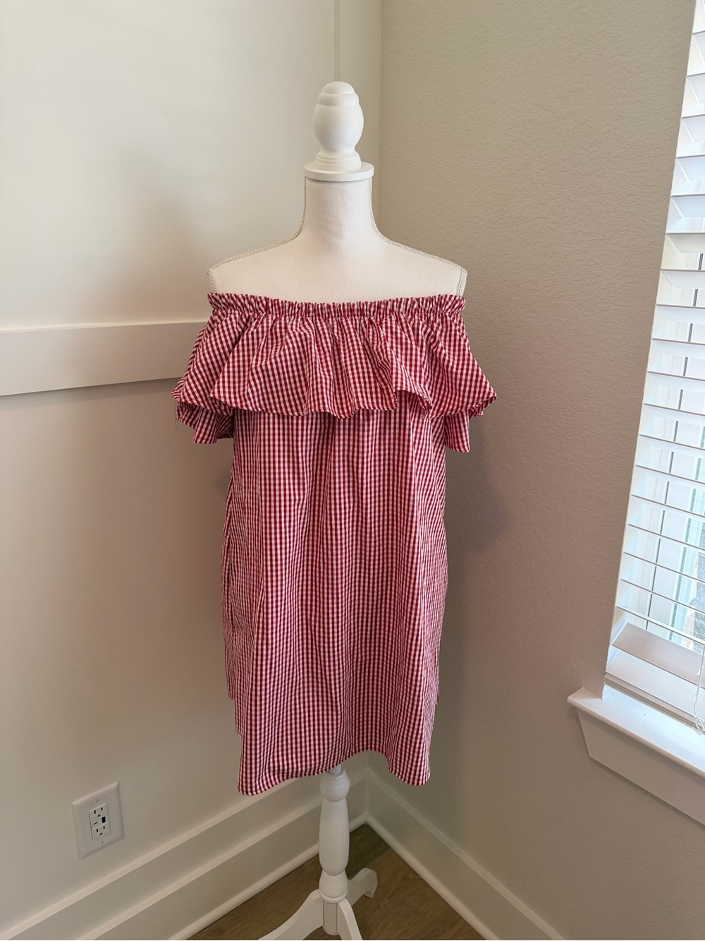 Fantastic Fawn Red Gingham Strapless Ruffle Dress